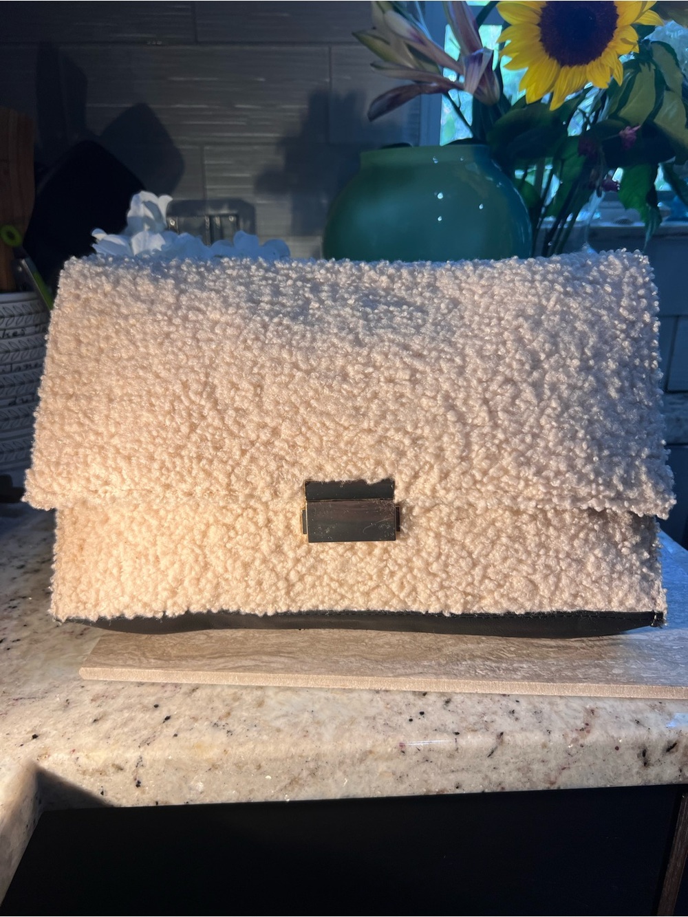 Plush Sherpa Fold-Over Clutch Bag in Cream